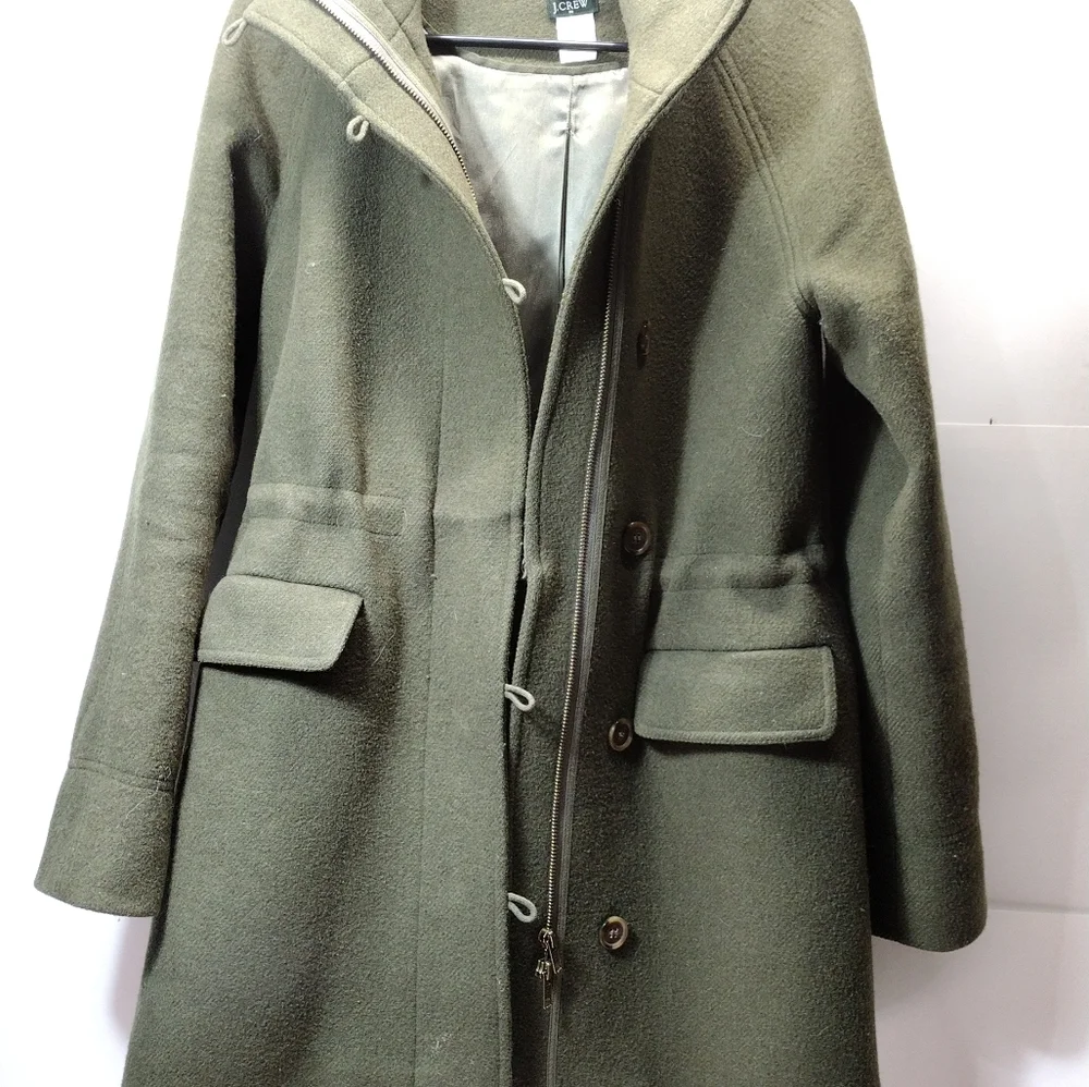 J. Crew Army Green Hooded Wool Peacoat l Acetate Lining l Size Small - Picture 2 of 10